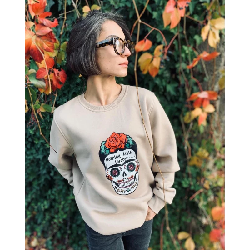 Unisex Sweatshirt Bisiklet Yaka Frida Bej